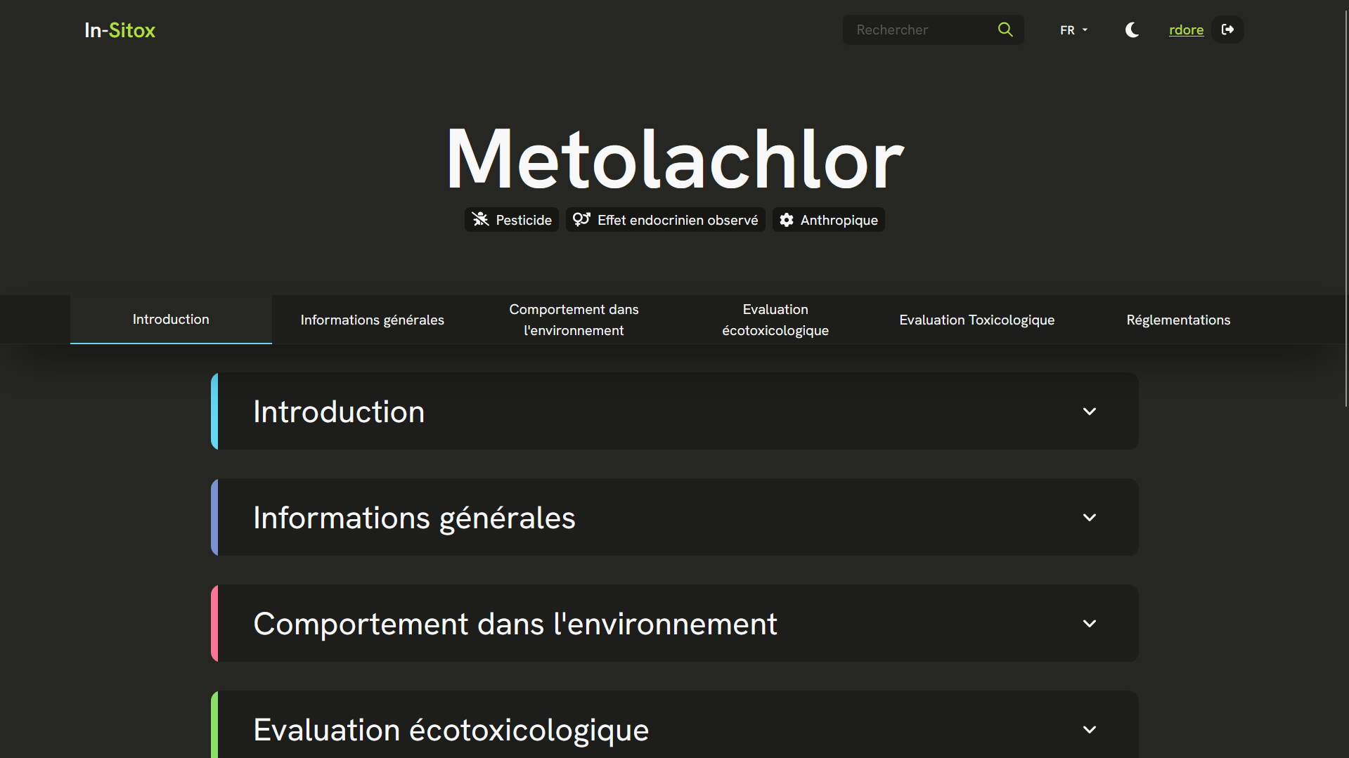 Capture d'écran de la page des détails d'une molécule (version sombre)